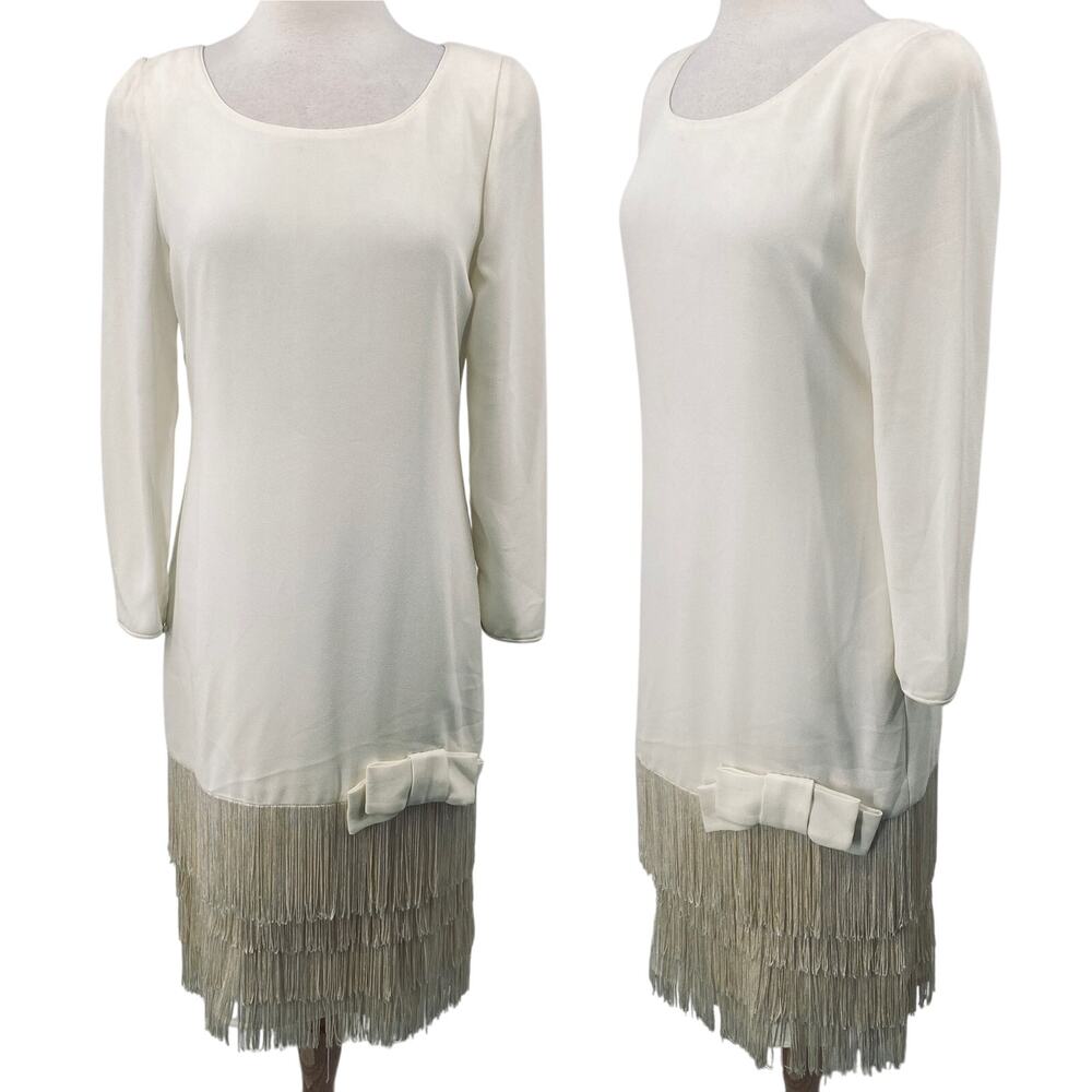 Vintage 80s Fringe Trim Dress Drop Waist Bow Detail Long Sleeves Ivory Womens 10